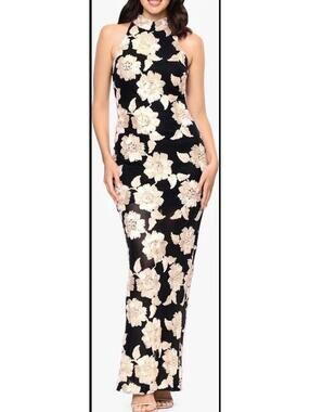 New Betsy & Adam Floral Soutache Sheath Gown In Black/ Champagne Size 8 $289